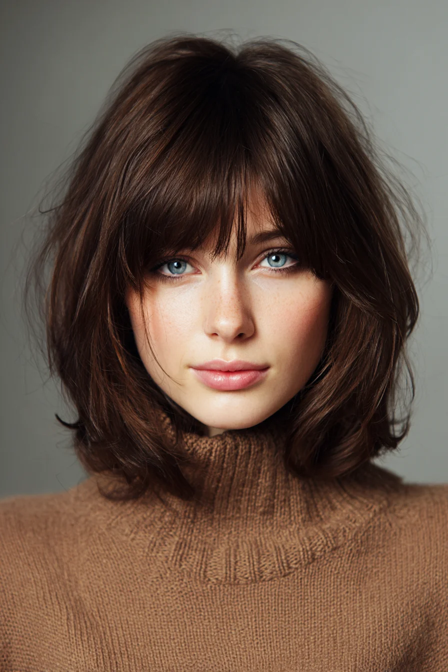 Textured Shoulder-Length Bob with Soft Wispy Bangs