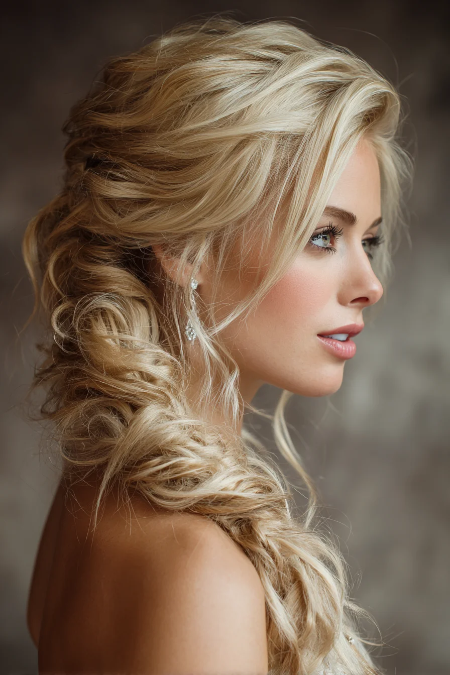 Textured Side Fishtail Braid with Voluminous Twist - Loose Bridal Hairstyle