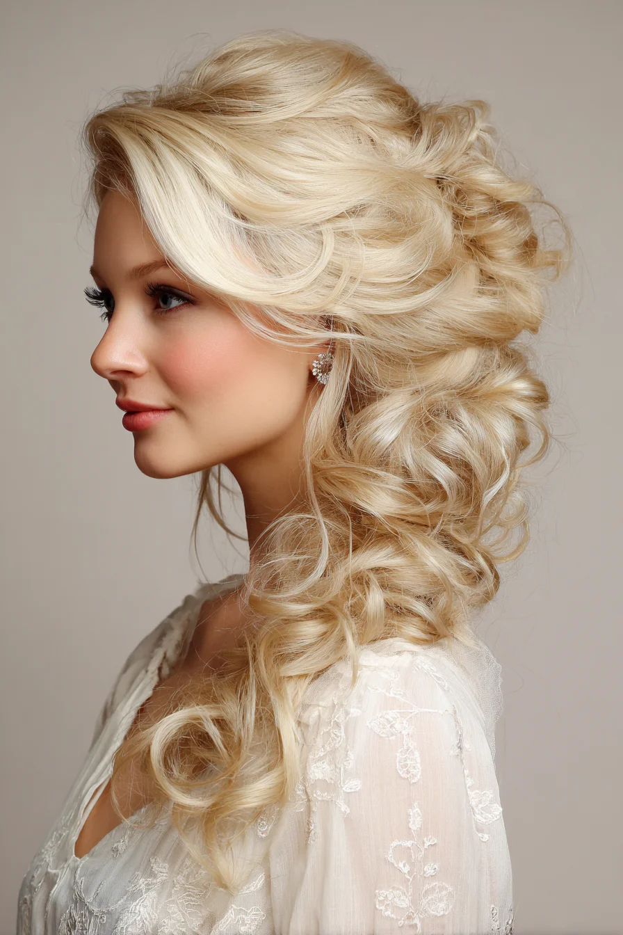 Textured Side-Swept Bridal Updo with Loose Romantic Curls