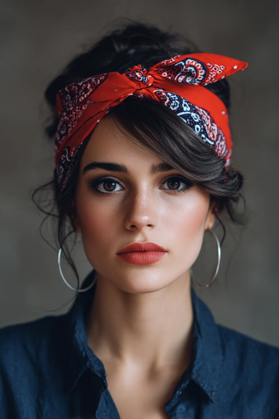 Textured Topknot with Red Bandana and Side‑Swept Bangs
