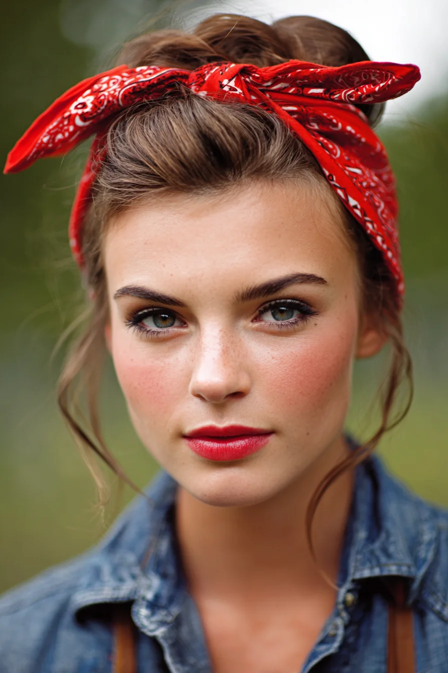 Textured Topknot with Red Bandana — Messy Bun & Face‑Framing Tendrils