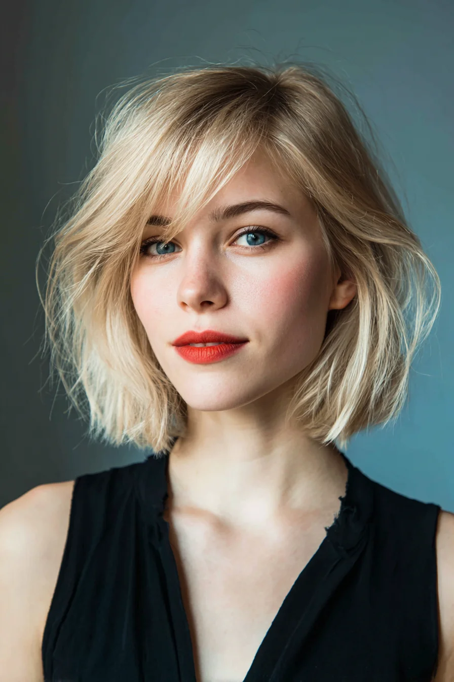 Textured Tousled Blonde Lob with Side-Swept Fringe