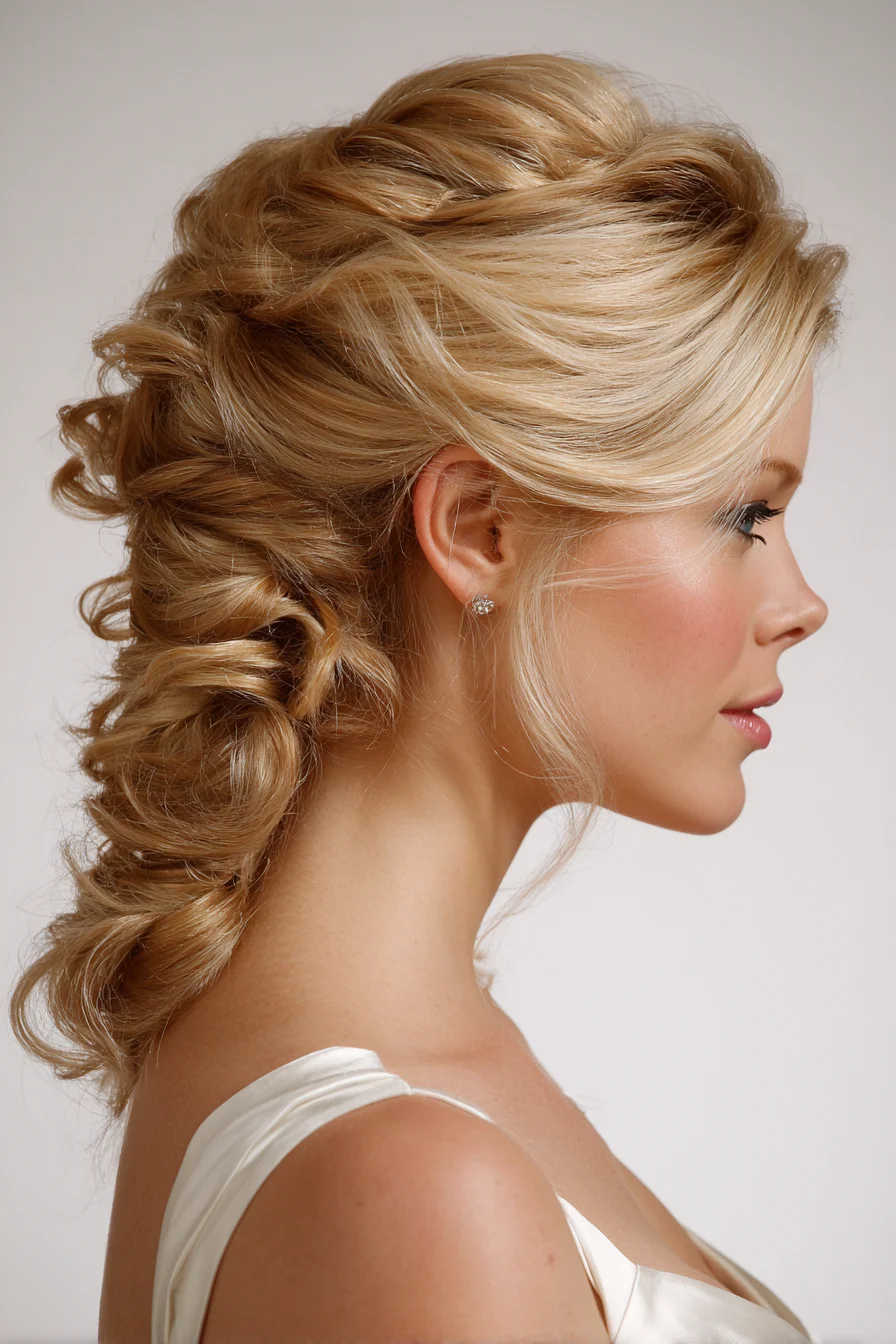 Textured Twisted Low Cascade Updo with Face‑Framing Tendrils