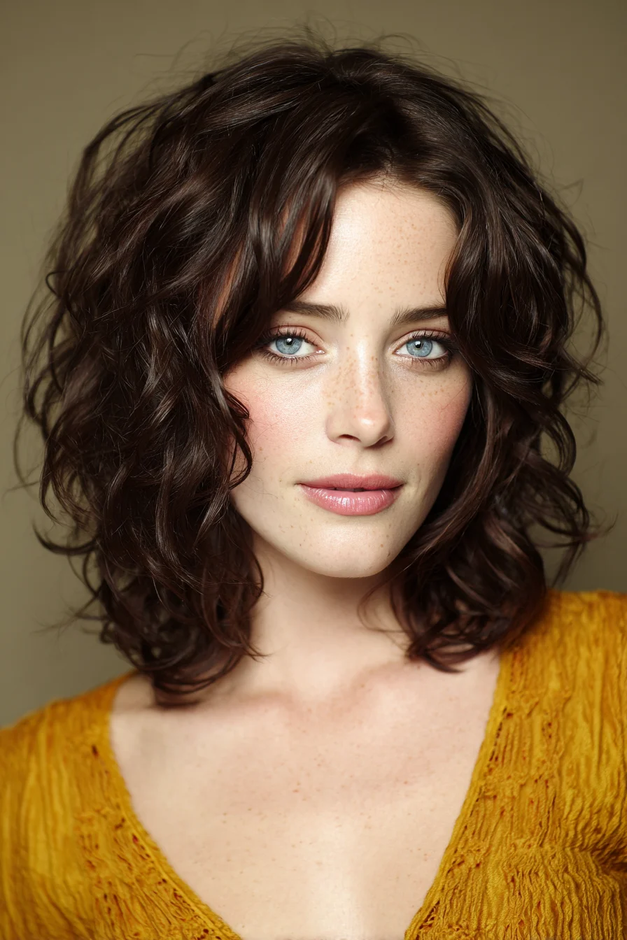 Textured Wavy Shoulder-Length Bob with Curtain Bangs
