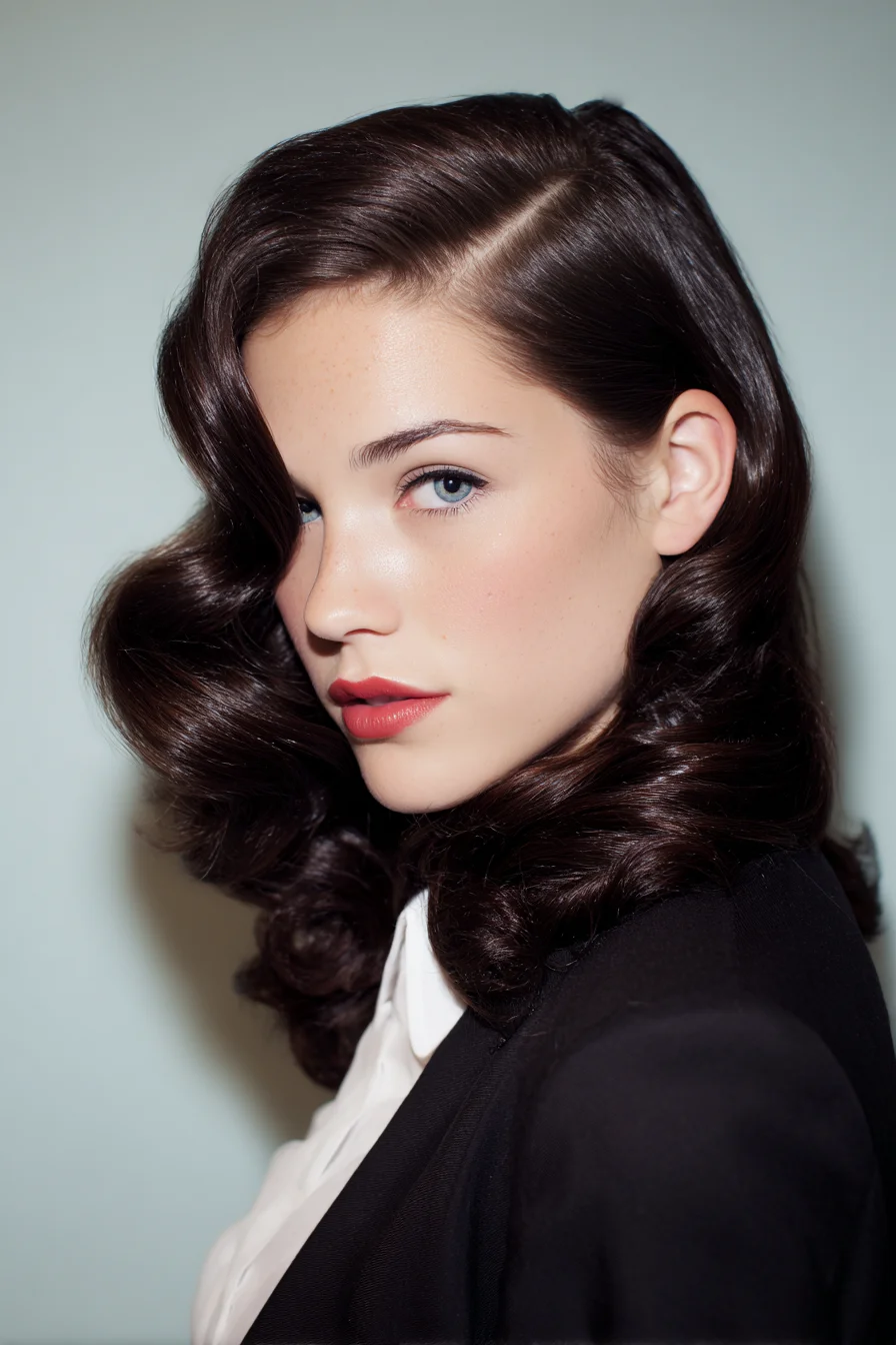 Vintage Hollywood S-Waves with Deep Side Part — Glossy Mid-Length Styling