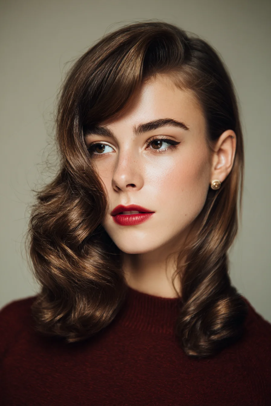 Vintage Hollywood Waves for Medium-Length Hair with Side-Swept Bangs