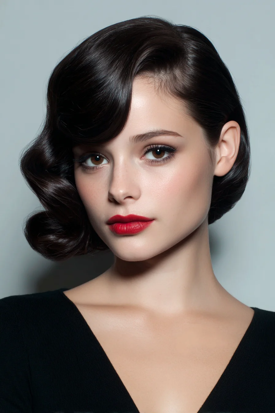 Vintage Side-Swept Finger Waves on a Glossy Chin-Length Bob