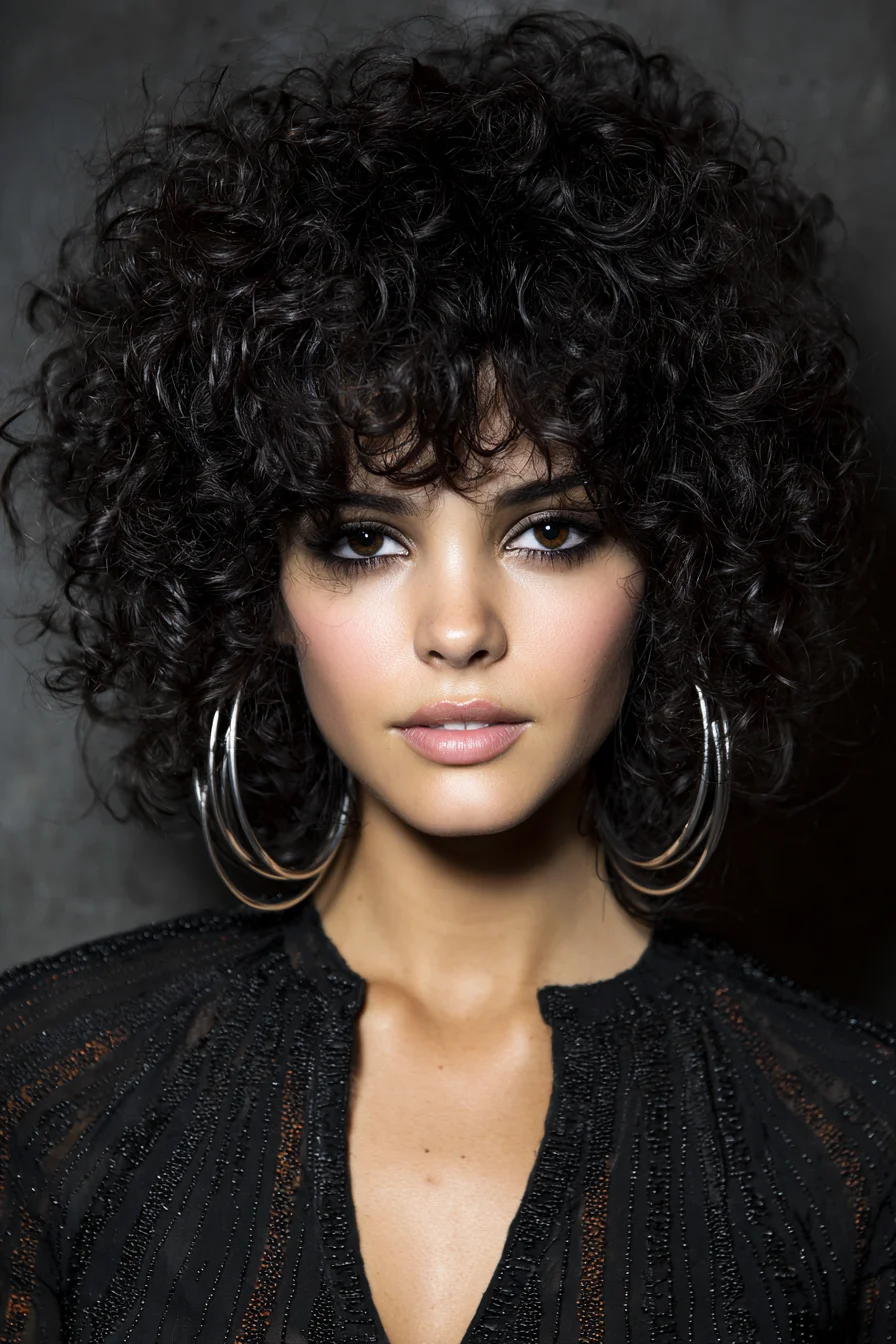 Voluminous Curly Bob with Short Curly Bangs