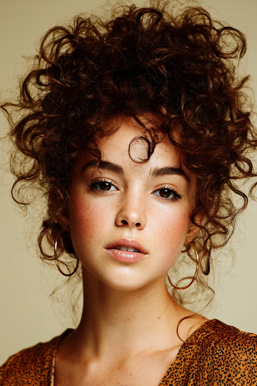 Voluminous Curly High Updo with Face‑Framing Tendrils