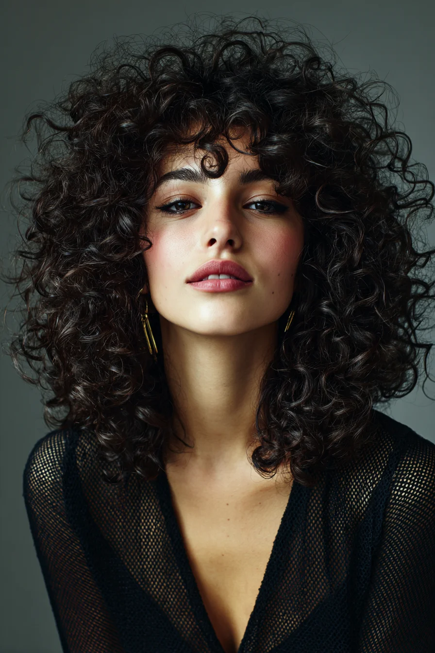 Voluminous Layered Curly Shag with Soft Curly Fringe