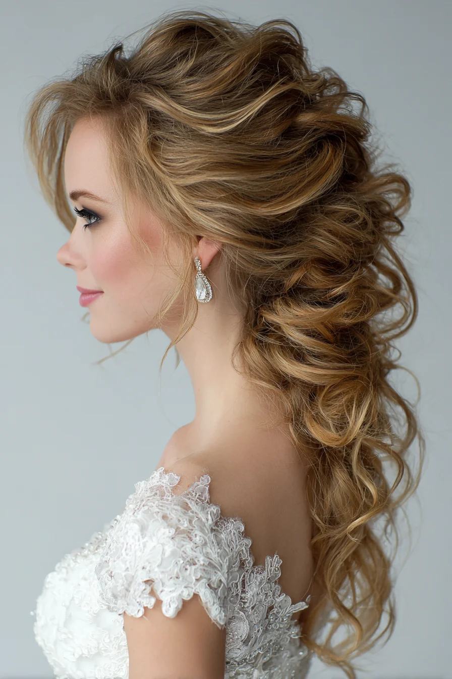 Voluminous Textured Side-Swept Bridal Updo with Cascading Curls