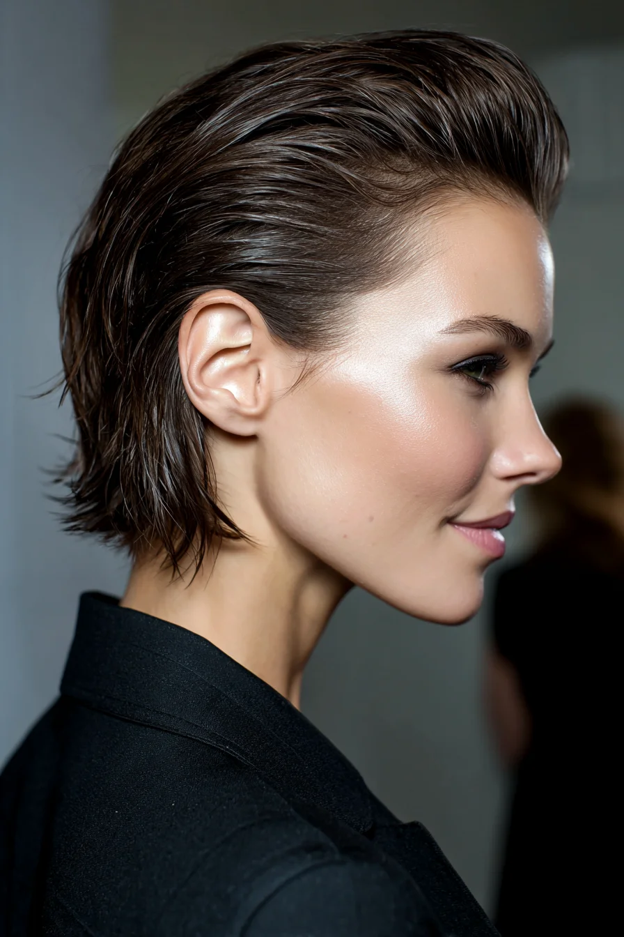 Wet‑Textured Slicked‑Back Short Bob — Sleek, Textured Short Hairstyle