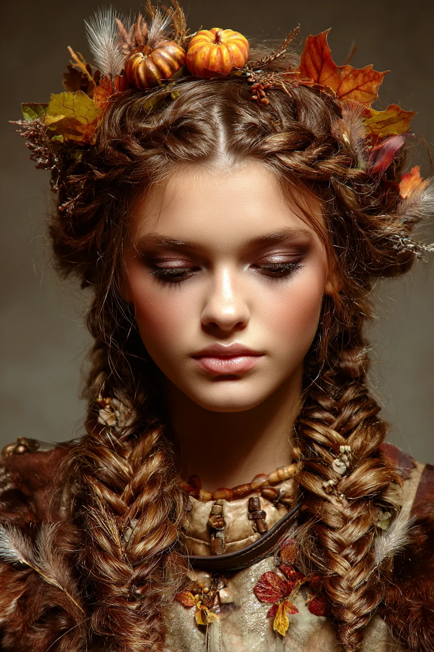 Autumn Crown with Double Fishtail Braids and Rustic Floral Accents