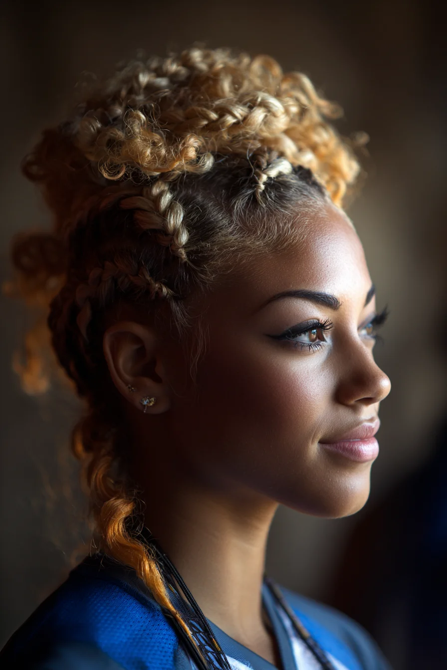 Blonde Cornrow Updo with Curly Crown and Twisted Tail