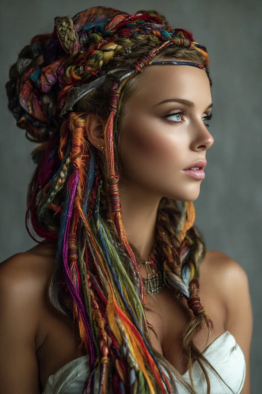 Bohemian Multicolored Braided Updo with Textile-Wrapped Dread Strands