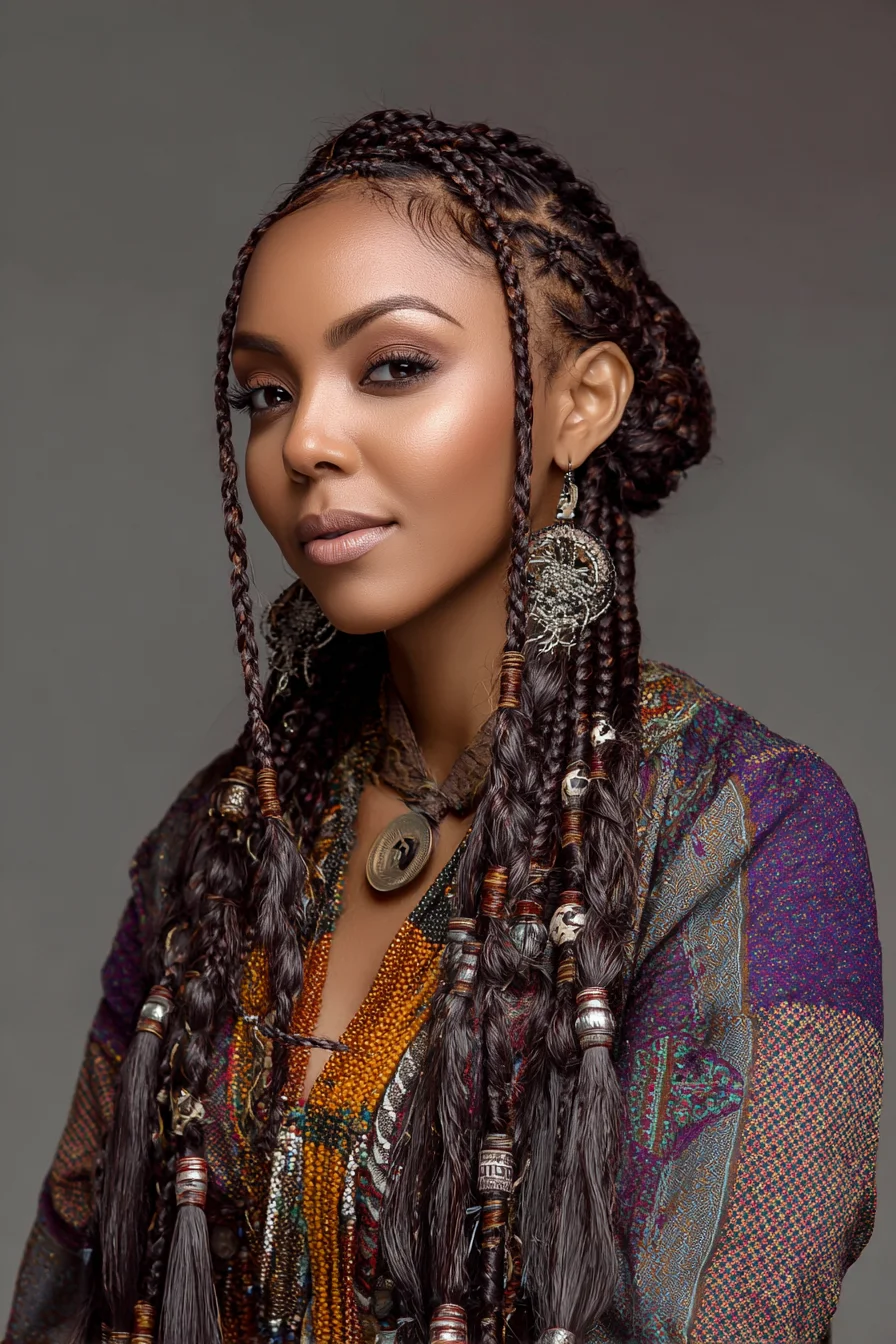 Boho Box Braids with Cornrow Crown and Beaded Accents