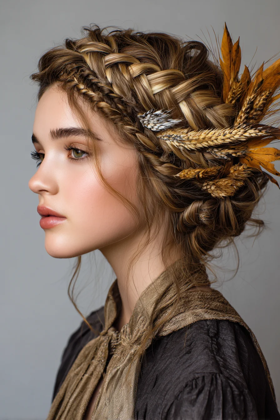 Boho Braided Crown Updo with Micro Braids and Natural Accents