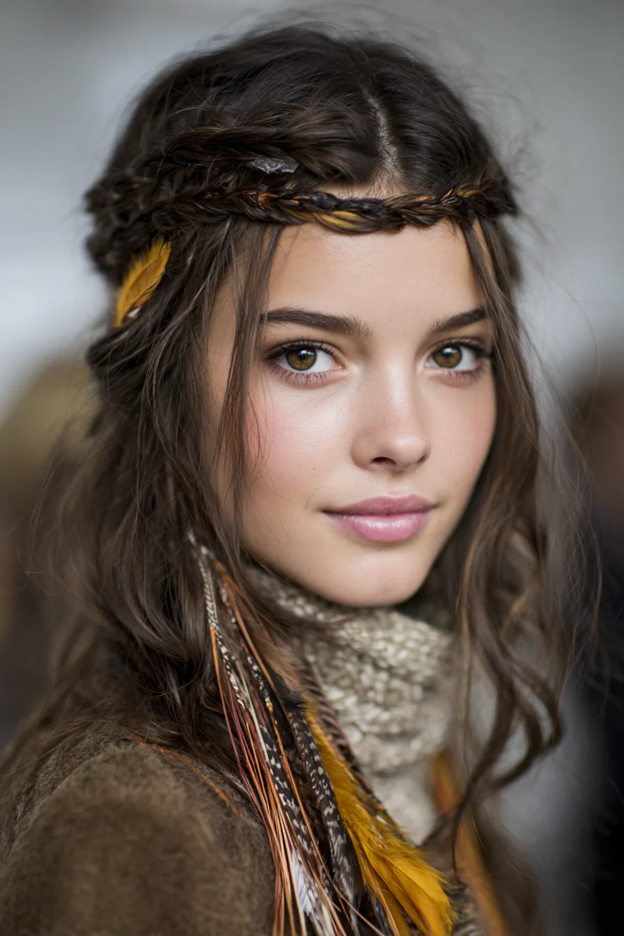 Boho Braided Halo with Feather Extensions — Loose Waves & Textured Crown