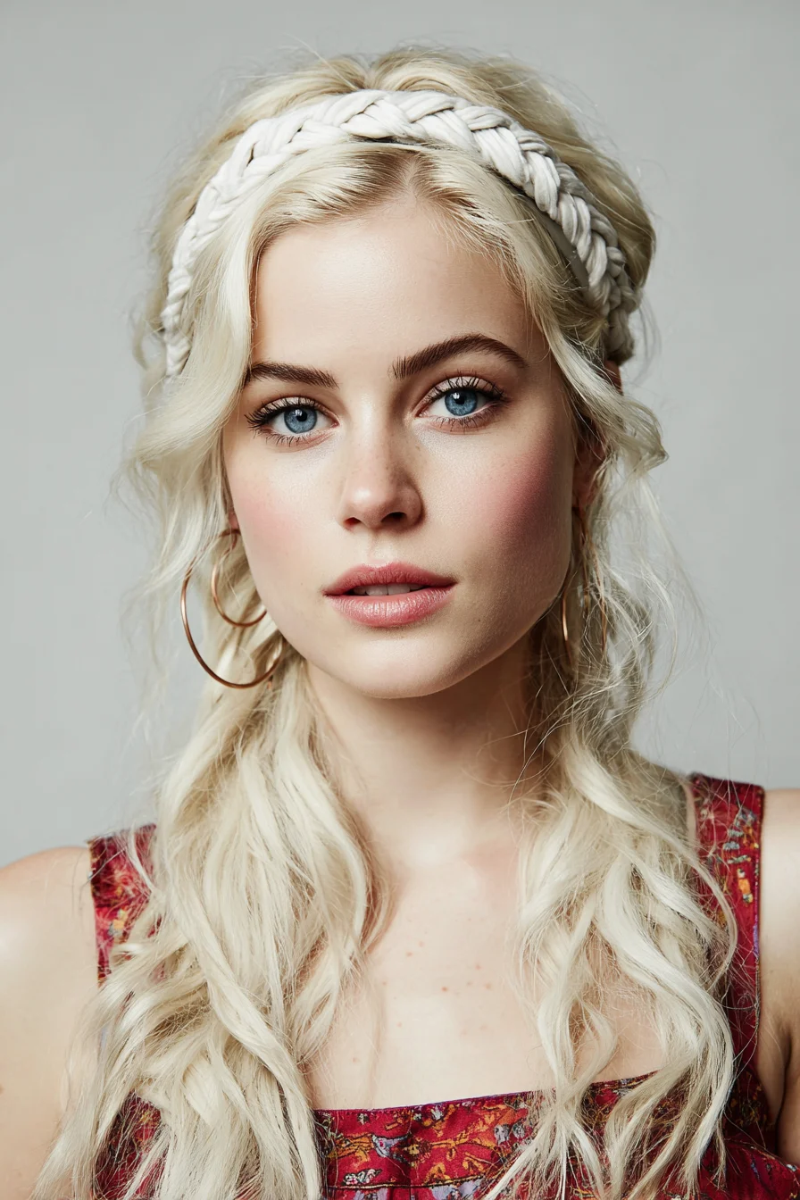 Boho Braided Headband with Loose Beachy Waves — Crown Braid for Long Blonde Hair