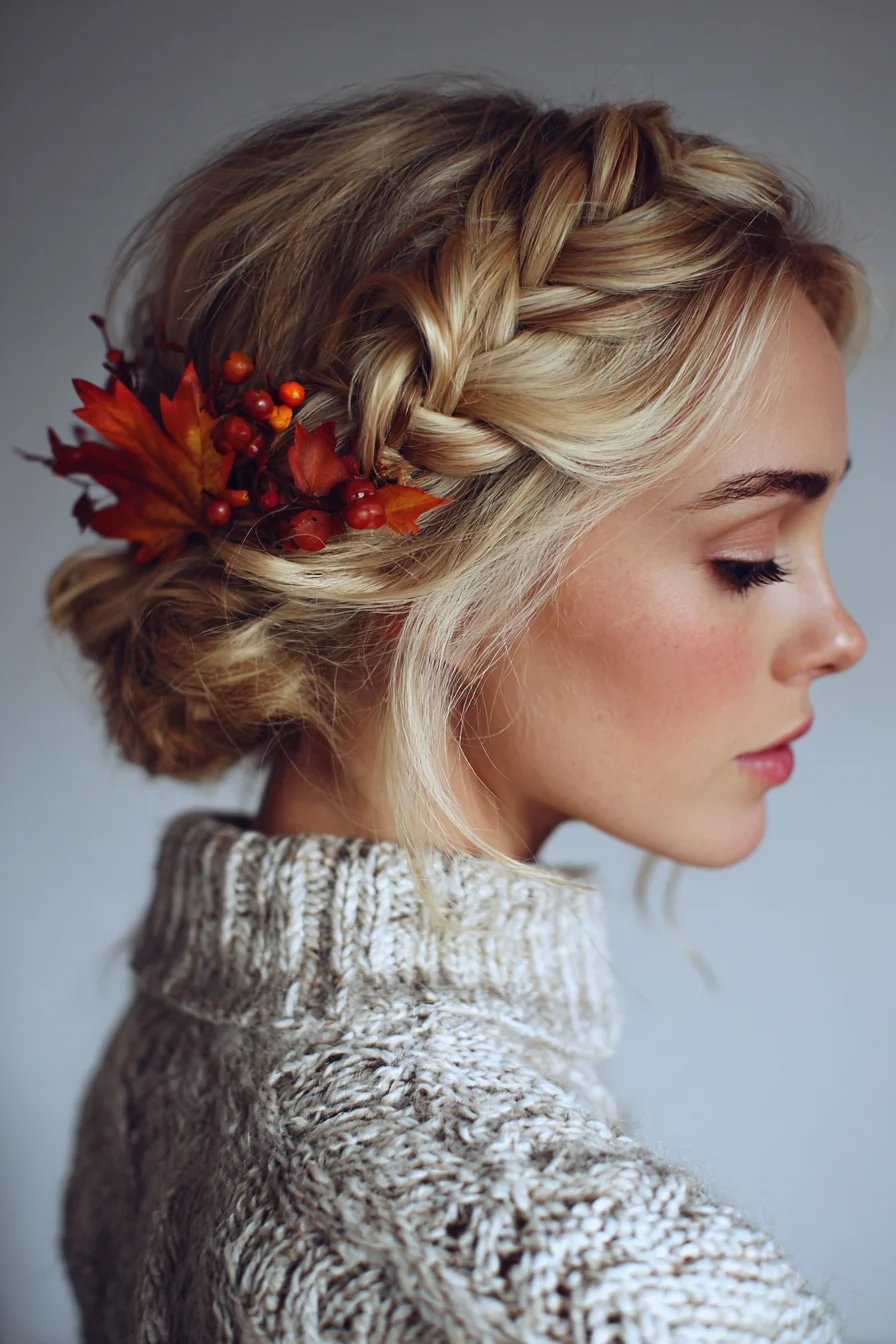 Boho Crown Braid Into Low Bun with Autumn Floral Accent