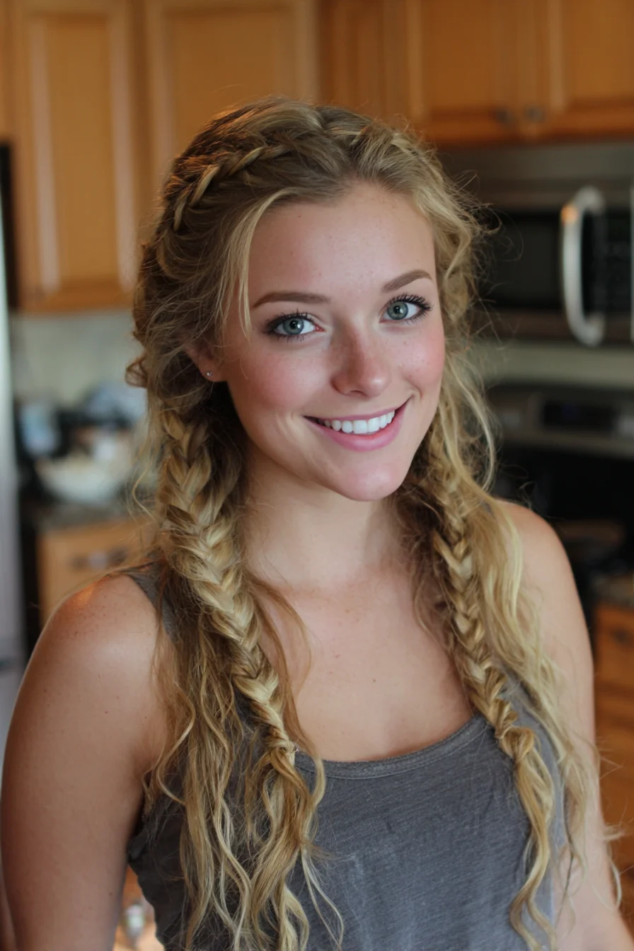 Boho Double Fishtail Braids with Crown Twist — Textured Long Hair