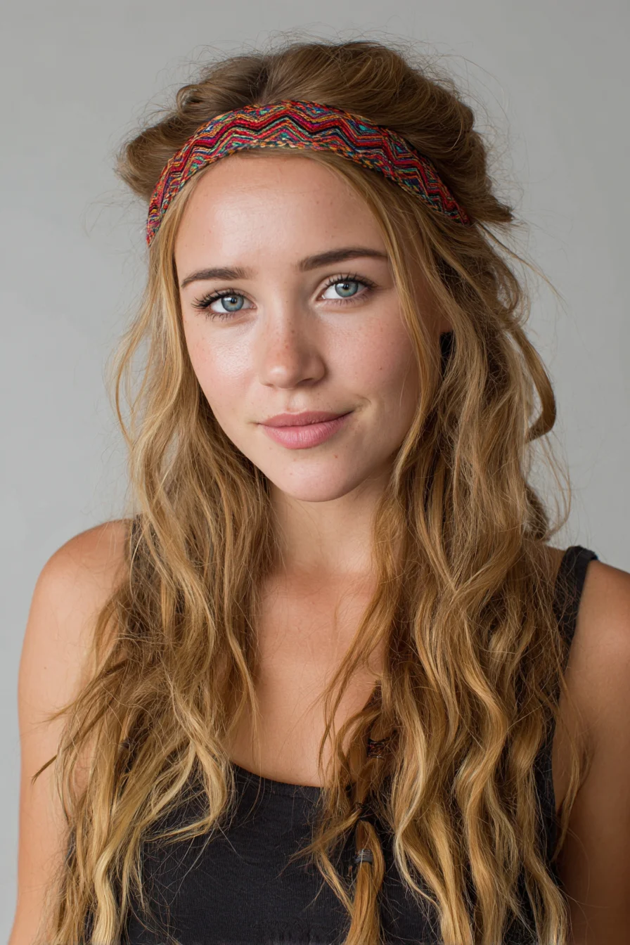 Boho Half-Up Textured Waves with Colorful Fabric Headband