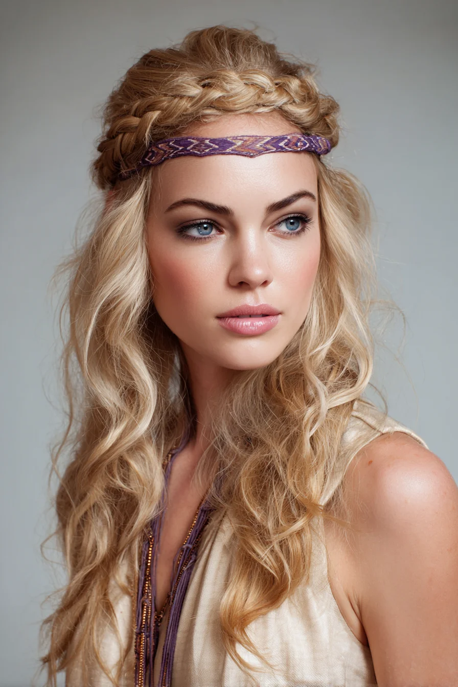 Boho Halo Crown Braid with Loose Beachy Waves for Long Hair