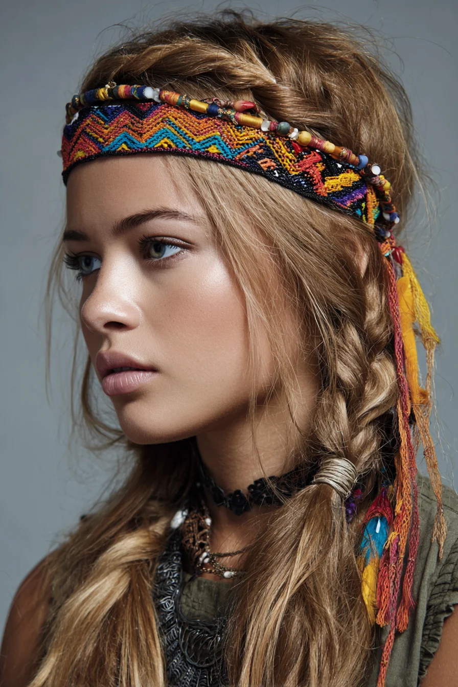 Boho Side Braids with Beaded Headband — Textured Beachy Waves