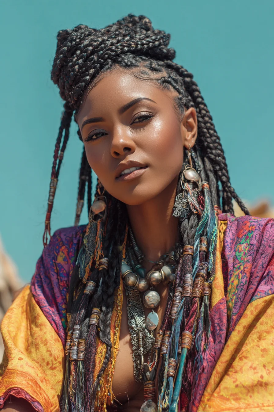 Box Braids with Wrapped Accents and High Top Knot — Long Protective Boho Style