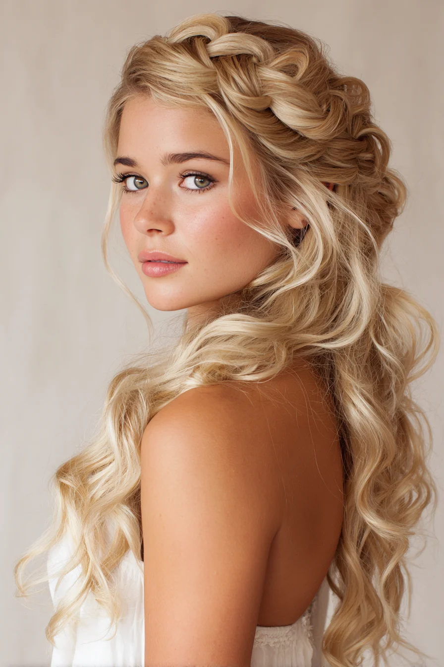 Braided Crown Half-Up with Loose Beachy Curls