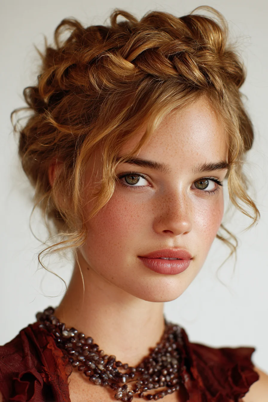 Braided Crown Updo with Loose Face‑Framing Curls (Boho Romantic Style)