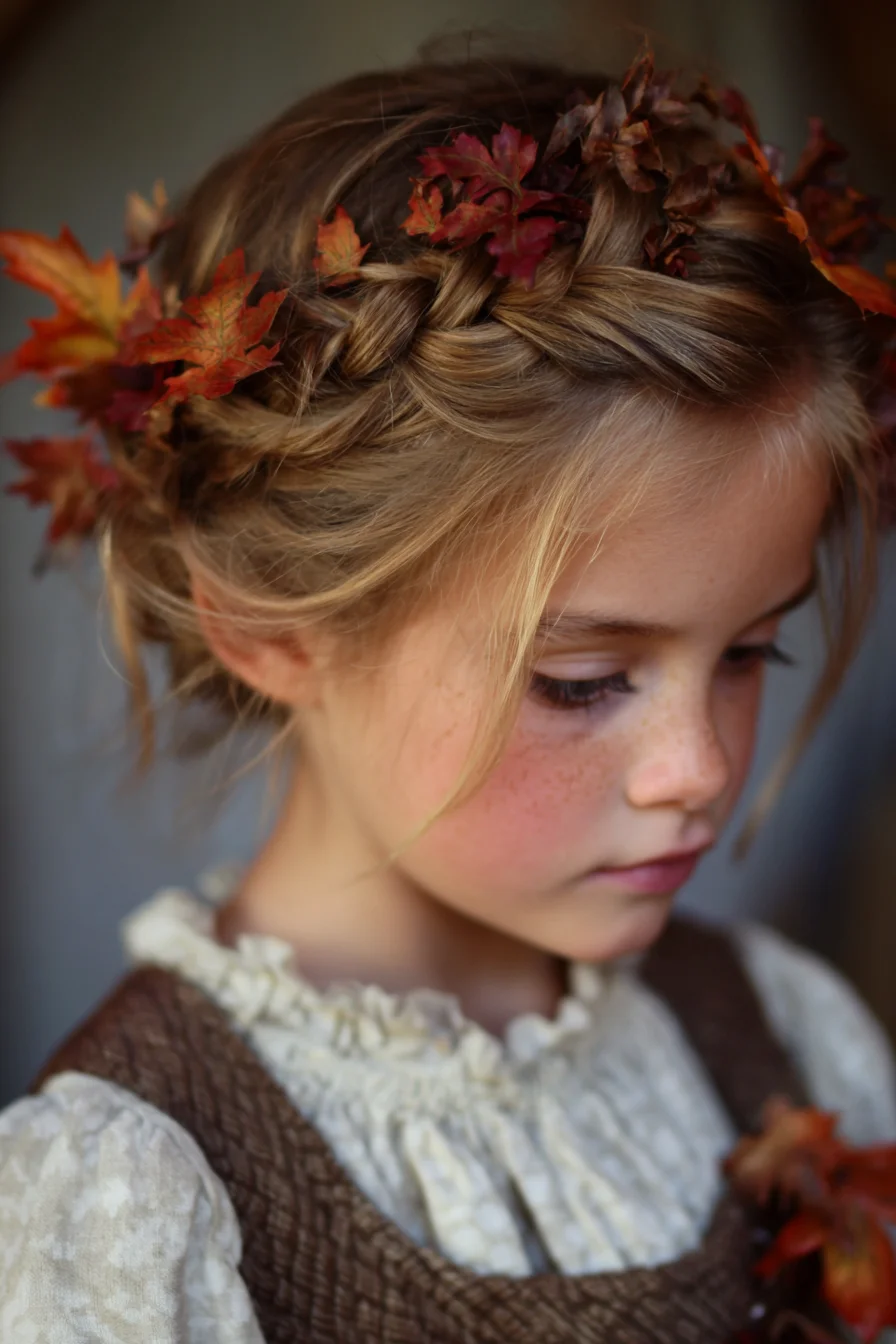 Braided Crown Updo with Loose Tendrils and Autumn Leaf Accents