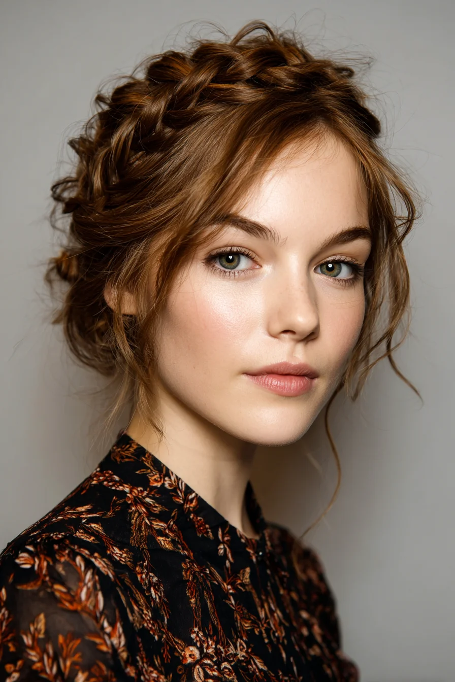 Braided Crown Updo with Soft Face‑Framing Tendrils