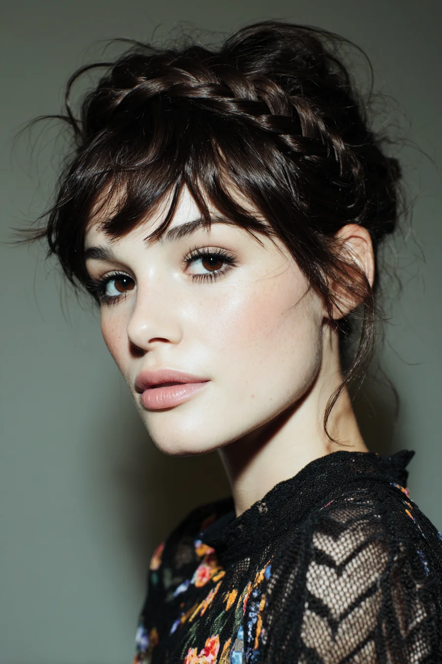 Braided Crown Updo with Wispy Bangs and Face‑Framing Tendrils