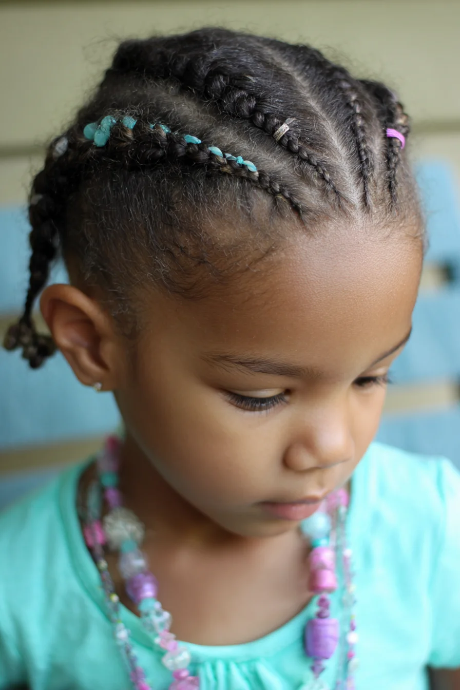 Child-Friendly Cornrow Braids with Beads and Threaded Accents