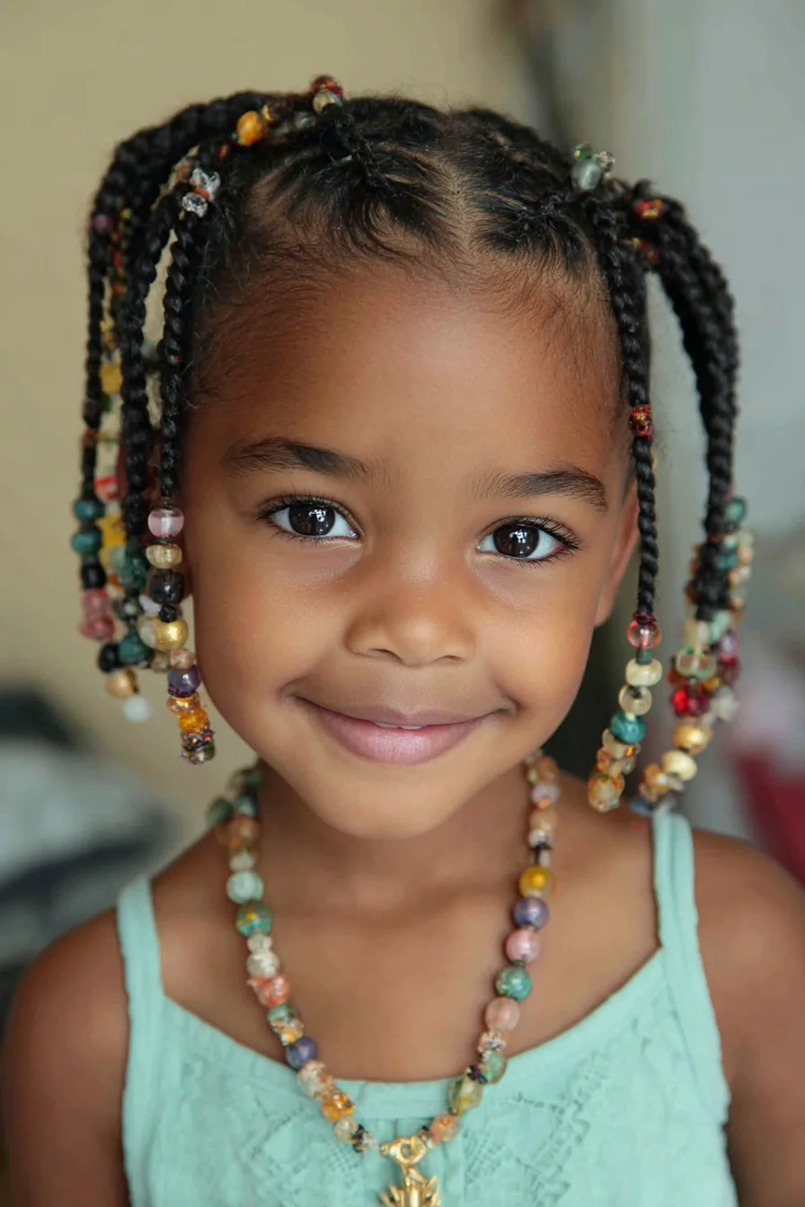 Child-Friendly Short Box Braids with Colorful Beads