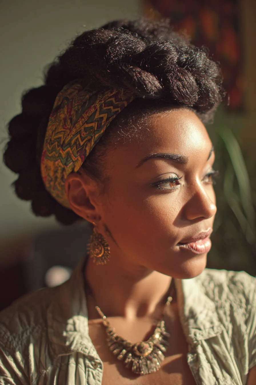 Chunky Twisted Crown Updo with Printed Headband — Natural Textured Hair