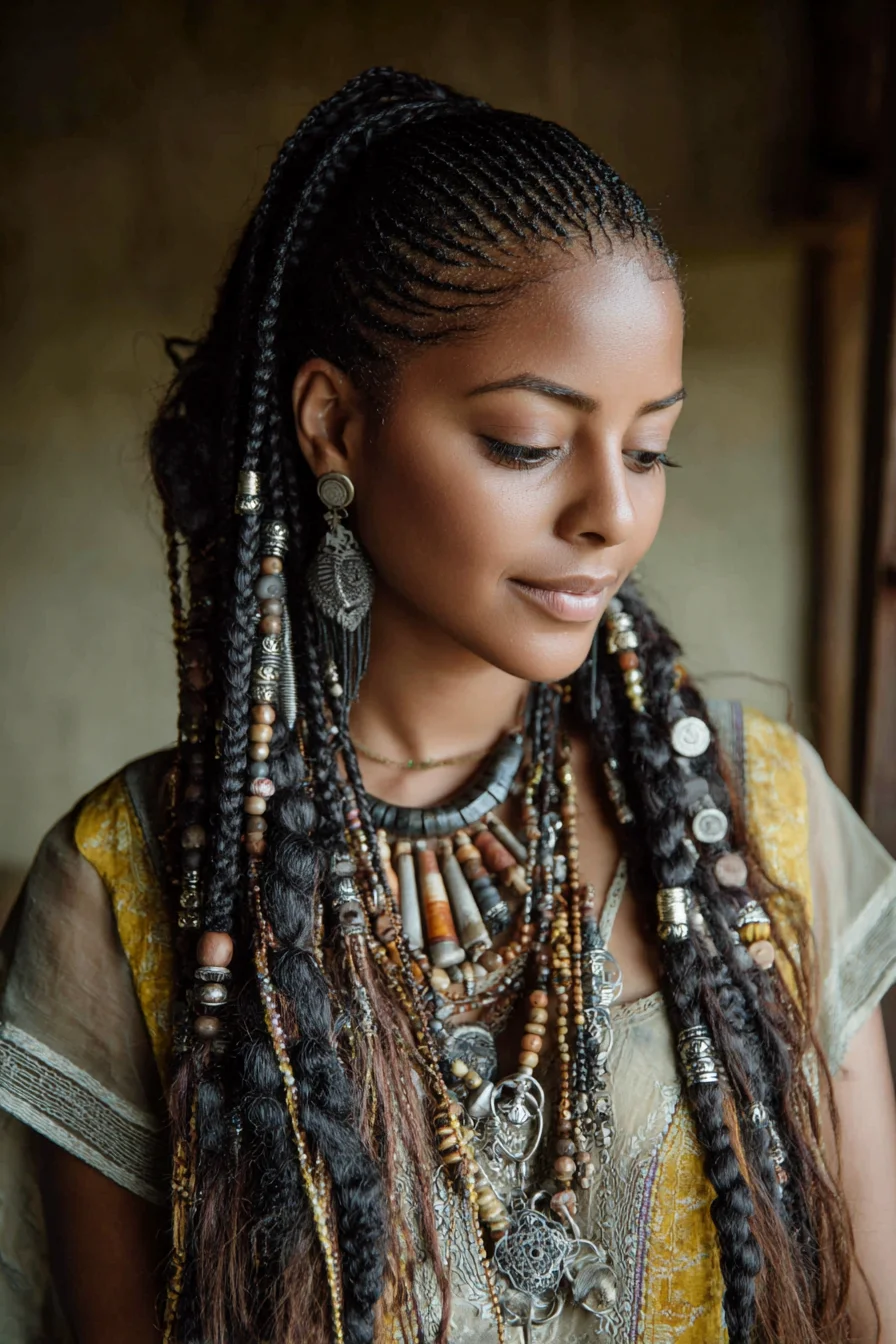 Cornrow Base with Boho Long Braids and Beaded Extensions