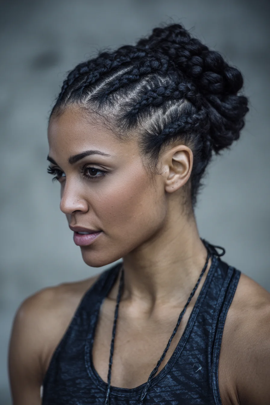 Cornrow-to-Braided Bun Updo — Tight Cornrows with Textured Braided Bun