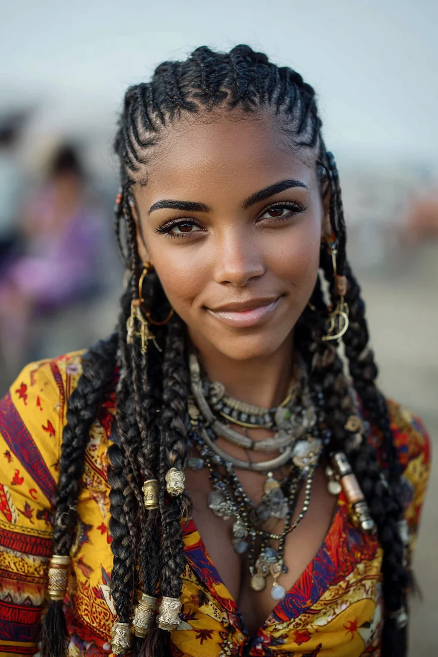 Cornrowed Crown into Long Box Braids with Bead Accents