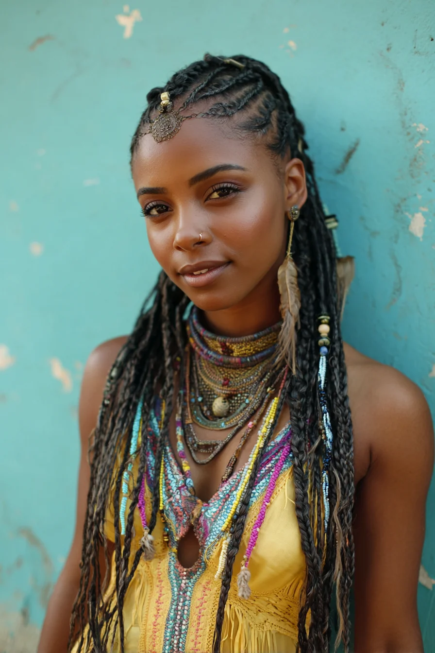 Cornrowed Crown into Long Micro Braids with Beads & Thread Wraps