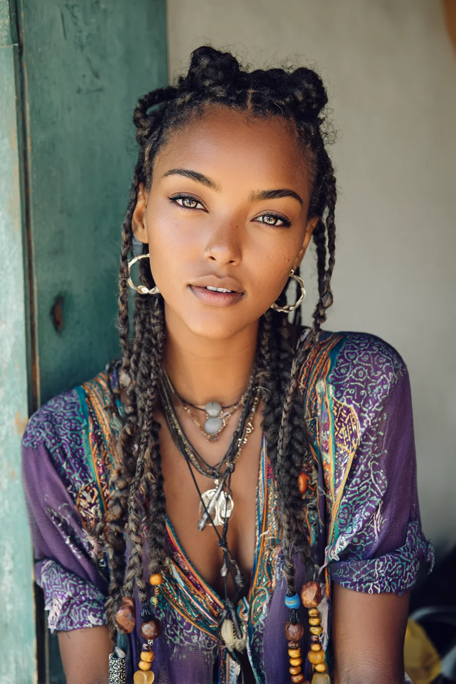 Cornrowed Feed-In Braids with Top Buns and Beaded Ends