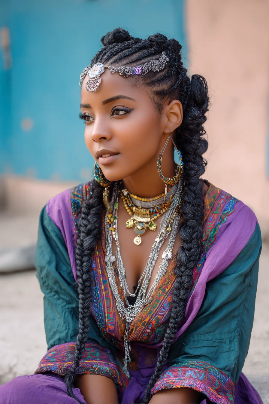 Cornrowed Top Knots with Long Feed-In Braids and Decorative Hair Jewelry