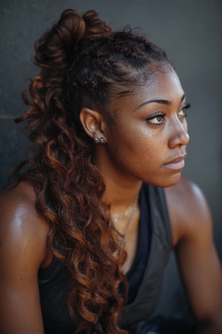 Curly Half-Up High Ponytail with Mini Cornrows and Sleek Edges