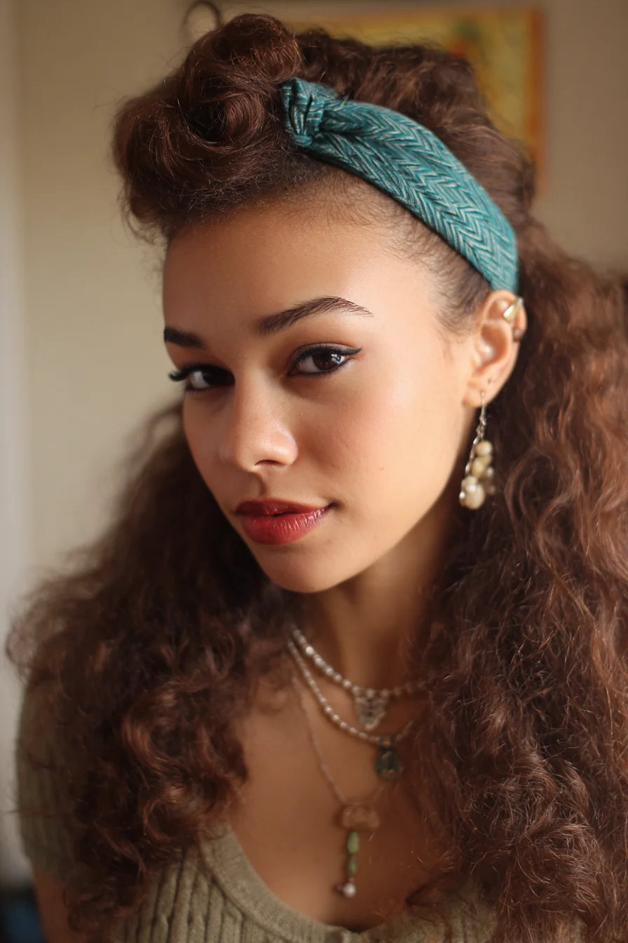 Curly Half-Up with Knotted Headband & Vintage Front Roll