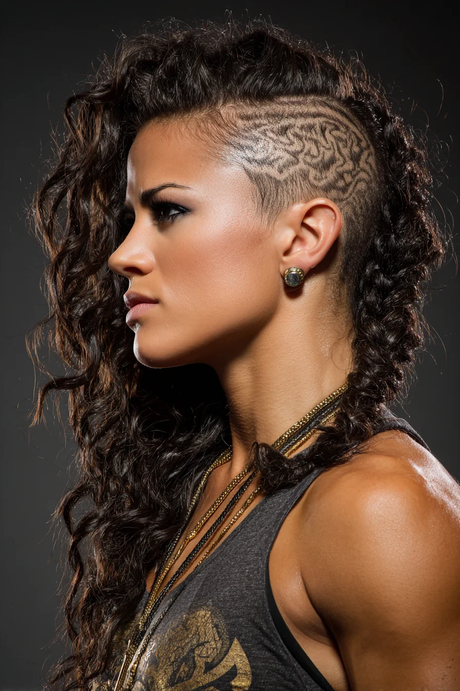 Curly Side Undercut with Intricate Shaved Design and Braided Accent
