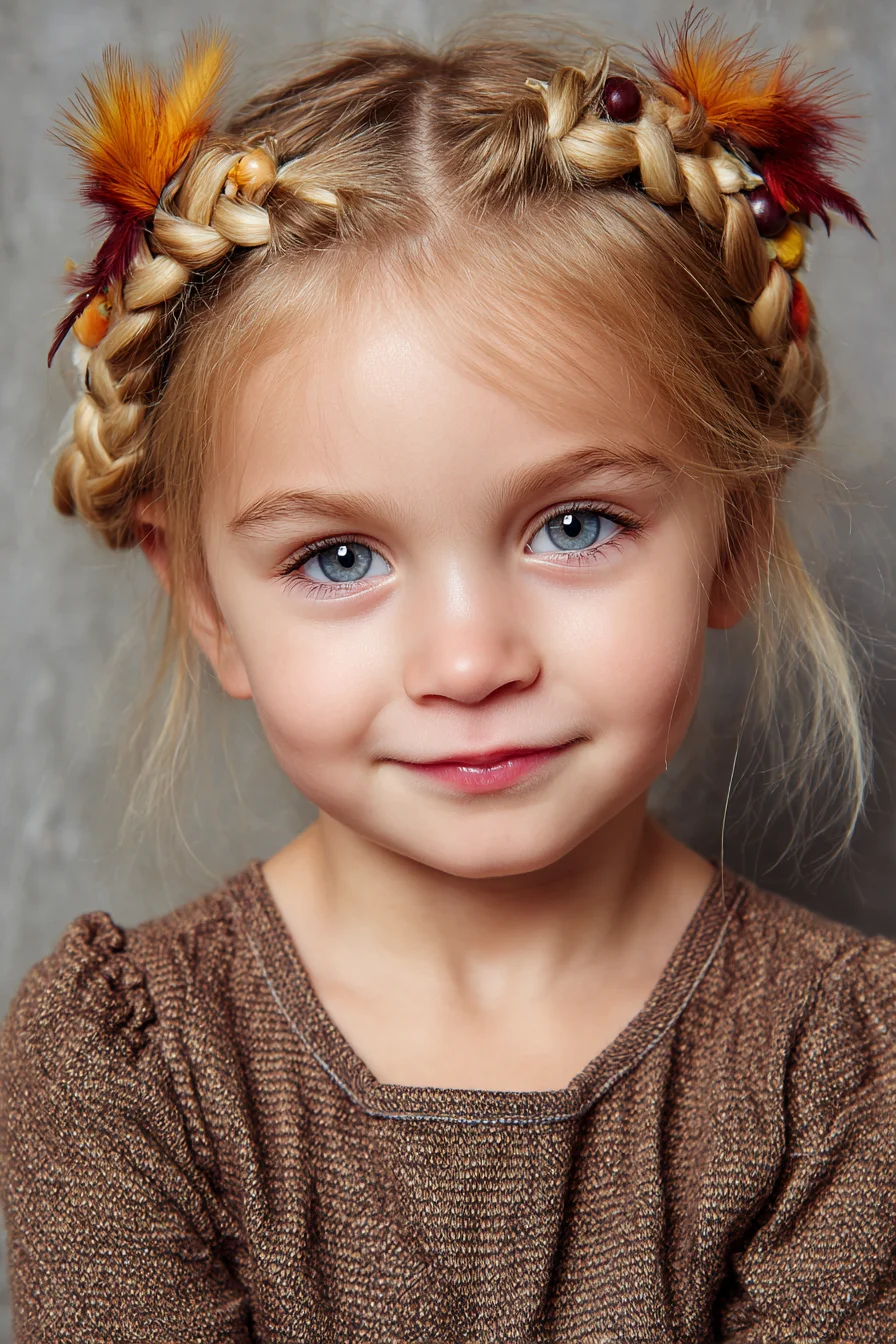 Double Crown Dutch Braids with Feather Accents — Child-Friendly Boho Look