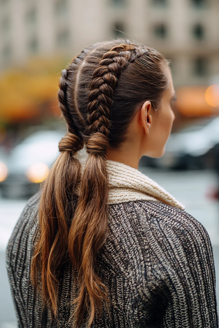 Double Dutch Braids into Wrapped Low Ponytails