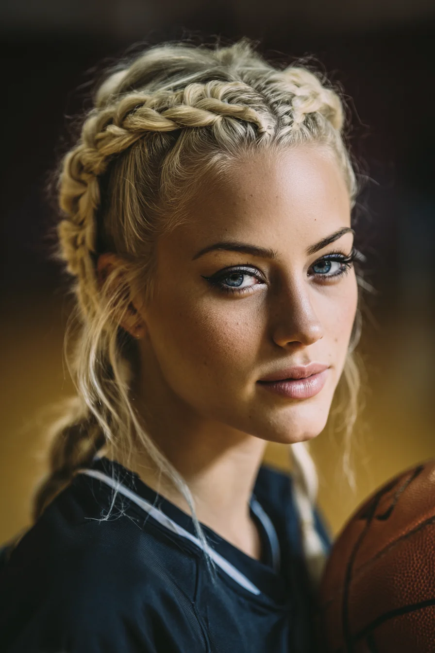 Double Dutch Crown Braids into Low Braided Ponytail — Sporty Textured Updo