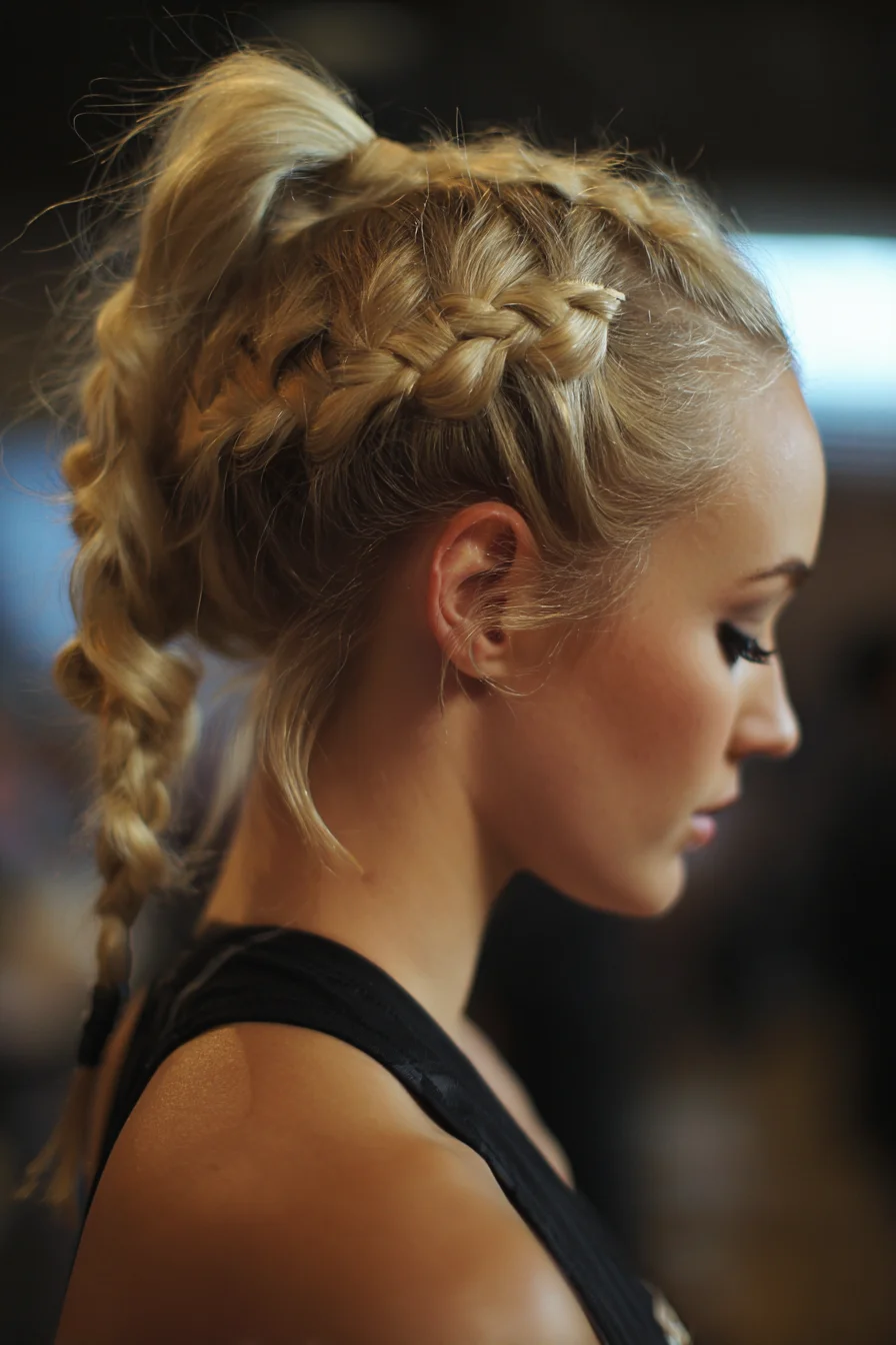 Dutch Braids into High Braided Ponytail — Textured Sporty Updo